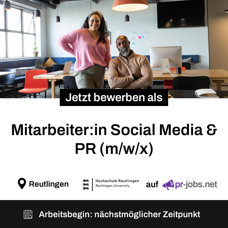 Die Hochschule Reutlingen sucht ab sofort eine:n Mitarbeiter:in Social Media &amp; PR (m/w/x) in Reutlingen.

pr-jobs.net/job/mitarbeite…

#Stellenanzeige #Jobs #PR #Presse #Öffentlichkeitsarbeit #Reutlingen #Bewerbung