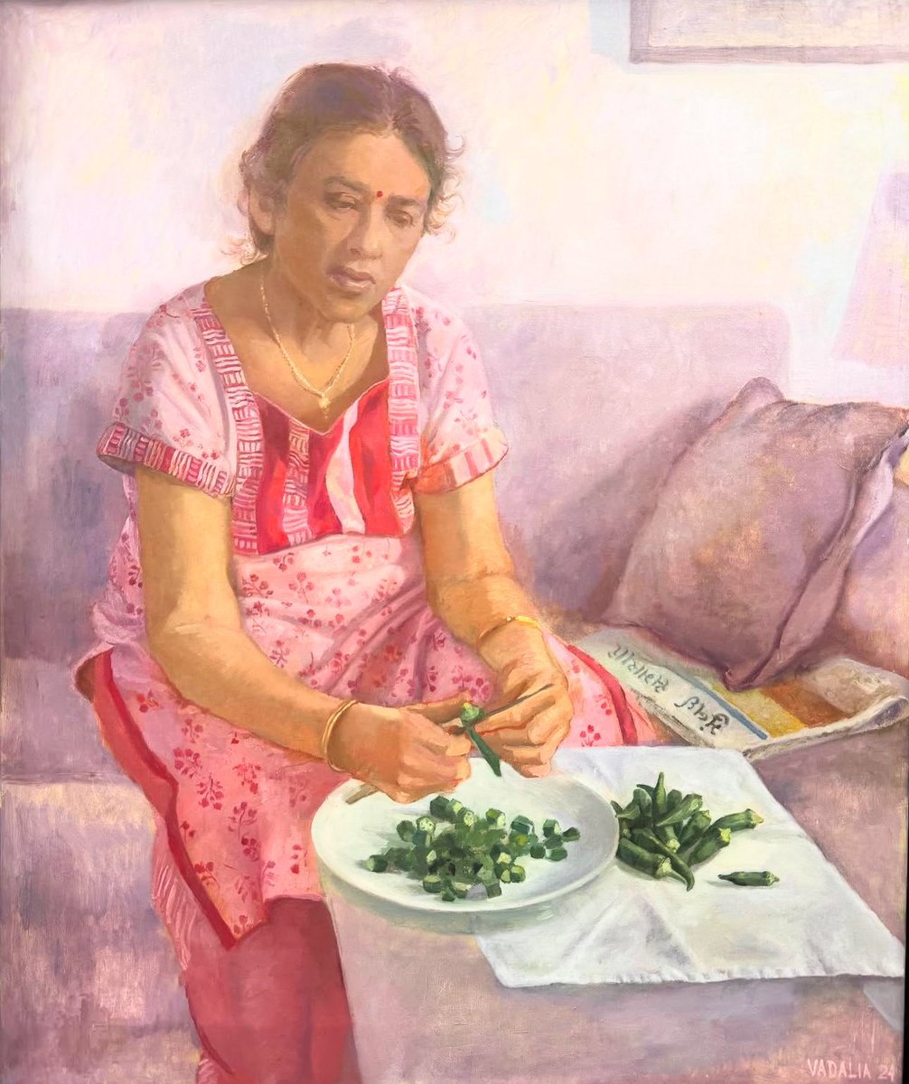 I have been thinking about Hemali Vadalia’s poignant painting, ‘Rekha (oil on linen, 2024) since I encountered it yesterday