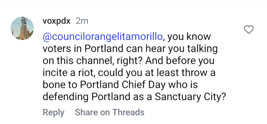 VoxPdx's tweet photo. Portland Councilor Morello blocked me on both of her Instagram accounts (@pnwpolicyangel  @councilorangelitamorello) for my reply (below) in response to" And you do not have to be a fucking martial artist to go ahead to head with a police officers ..." Really, Councilor? https://t.co/e7rmMk1oXI