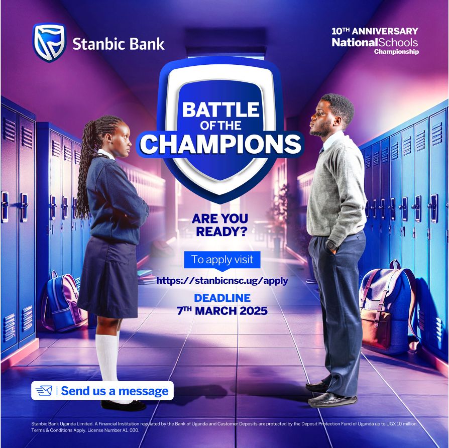 The Stanbic National Schools Championship is back, and this year, it’s bigger than ever! 

Are you ready for the Battle of the Champions?

📅 Apply before 7th March 2025
🔗 stanbicnsc.ug/apply

#StanbicUgChampions