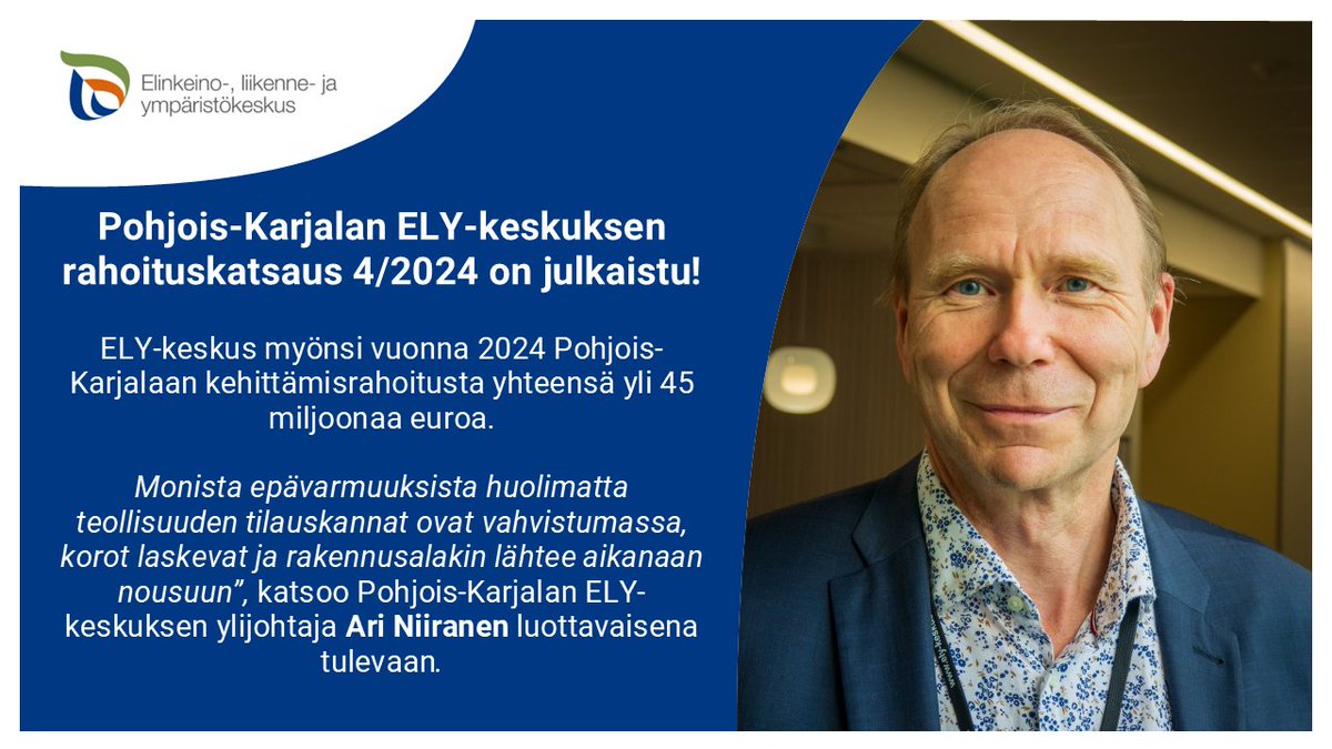 POKELYkeskus's tweet photo. 💰Pohjois-Karjalan ELY-keskuksen rahoituskatsaus 4/2024 on julkaistu! ELY-keskus myönsi v. 2024 Pohjois-Karjalaan rahoitusta yritysten kehittämiseen yli 23 milj. € ja muille kehittämishankkeille liki 22 milj. €.

Lisätietoja:
https://t.co/k20hgSbqWG

#ELYvuosi2024 #ELYvaikuttaa https://t.co/irDAzWpNNq