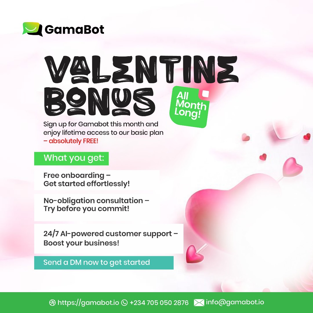 GamaBot_'s tweet photo. This February, we’re spreading the love! Sign up for Gamabot and enjoy lifetime access to our basic plan—100% FREE! 

What you get:
✅ Free onboarding – Get started effortlessly!
✅ No-obligation consultation – Try before you commit!
✅ 24/7 AI-powered support – https://t.co/9DECi5d6k1