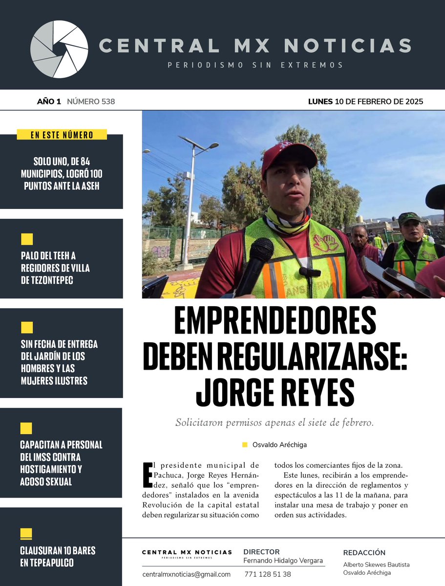 Central_MXH's tweet photo. ©️ #CentralMX
🔴 Esta es nuestra edición del #lunes
🌑 Emprendedores deben regularizarse: Jorge Reyes
🌑 Sólo Mineral de la Reforma alcanzó los 100 puntos: #ASEH
🌑 Sin fecha para entrega de espacios públicos
🌑 Clausuran 10 bares en #Tepeapulco
🔴 ➡️ https://t.co/mx7PLRH6KU https://t.co/6weSTYRSfX