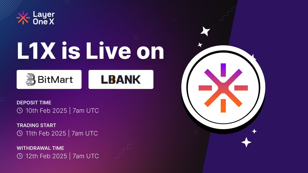 LayerOneX's tweet image. 🚀 L1X is Now Live on BitMart &amp;amp; LBank 🚀

L1X is officially LIVE on BitMart &amp;amp; LBank, marking another milestone for our growing ecosystem 🌍🔥

🔹 Deposit Open ✅
🔹 Trading Live: 11th Feb 2025 | 7 AM UTC
🔹 Withdrawals Begin: 12th Feb 2025 | 7 AM UTC
📌 L1X Contract Address on…