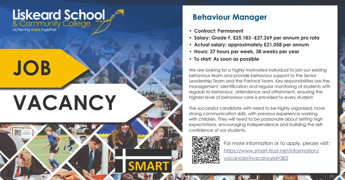 📢 We're Hiring – Behaviour Manager 📢
<a href="/Liskeard_School/">Liskeard School & Community College</a> is looking for a Behaviour Manager to support the Senior Leadership &amp; Pastoral Team.
📆 Permanent | 37 hrs/week, 38 weeks/year
💰 Salary: ~£21,058 per annum
🔗 Apply here: smart-trust.net/information/va…
#Hiring #EducationJobs