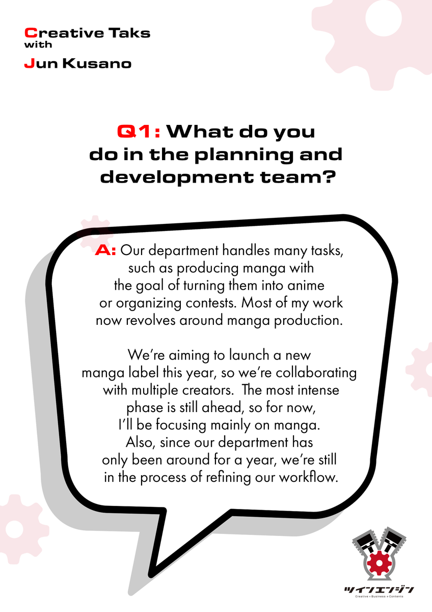 Twin_engine_EN's tweet photo. We're back with our #CreativeTalks where we interview our staff! Today we bring you a member of the Planning &amp; Development Department, Jun Kusano, who works with different mangakas and writers to create new anime ideas. 👀!! https://t.co/TzrGRMI9rp