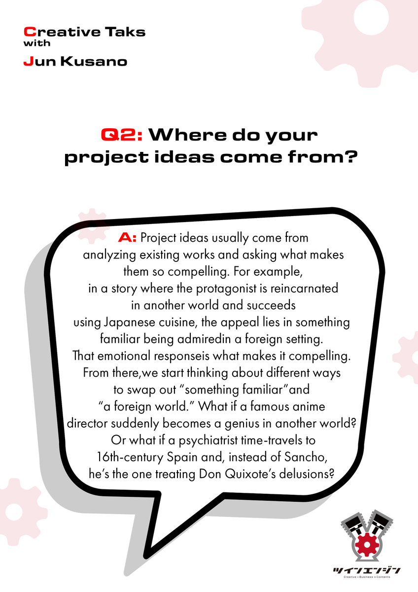 Twin_engine_EN's tweet photo. We're back with our #CreativeTalks where we interview our staff! Today we bring you a member of the Planning &amp; Development Department, Jun Kusano, who works with different mangakas and writers to create new anime ideas. 👀!! https://t.co/TzrGRMI9rp