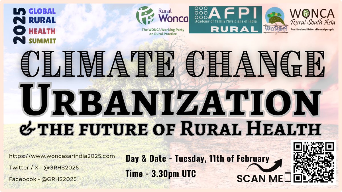 Pratyush kumar (@drpratyush) on Twitter photo Join the webinar on
🏛️ - Climate Change, Urbanization, and the Future of Rural Health
🗓️Tuesday, 11th of February
🕘 - 3.30pm UTC (9:00 PM IST)
Message me for the free registration link.
<a href="/RuralWonca/">Rural Wonca</a> <a href="/WoncaWorld/">WONCA</a> <a href="/WoncaEurope/">WONCA Europe</a> <a href="/WONCA_Env/">WONCA Working Party on the Environment</a> <a href="/CEH_INDIA/">Centre for Environmental Health</a> <a href="/CareForAirIndia/">Care for Air</a> <a href="/GRHS2025/">Global Rural Health Summit</a> Join the webinar on
🏛️ - Climate Change, Urbanization, and the Future of Rural Health
🗓️Tuesday, 11th of February
🕘 - 3.30pm UTC (9:00 PM IST)
Message me for the free registration link.
<a href="/RuralWonca/">Rural Wonca</a> <a href="/WoncaWorld/">WONCA</a> <a href="/WoncaEurope/">WONCA Europe</a> <a href="/WONCA_Env/">WONCA Working Party on the Environment</a> <a href="/CEH_INDIA/">Centre for Environmental Health</a> <a href="/CareForAirIndia/">Care for Air</a> <a href="/GRHS2025/">Global Rural Health Summit</a>