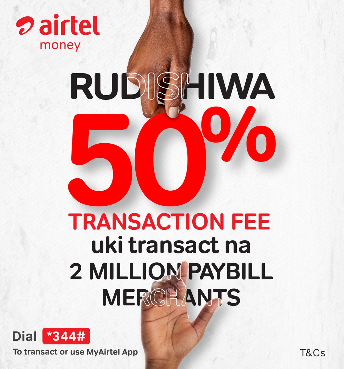 Jispoil na mpoa this Valentine's and save big with Rudishiwa! Pay for goods and services at over 2 million Paybill merchants using Airtel Money and get 50% of your transaction fee back as airtime. ​

Dial *334# or use the MyAirtel app bit.ly/2C8nPCy to get started.