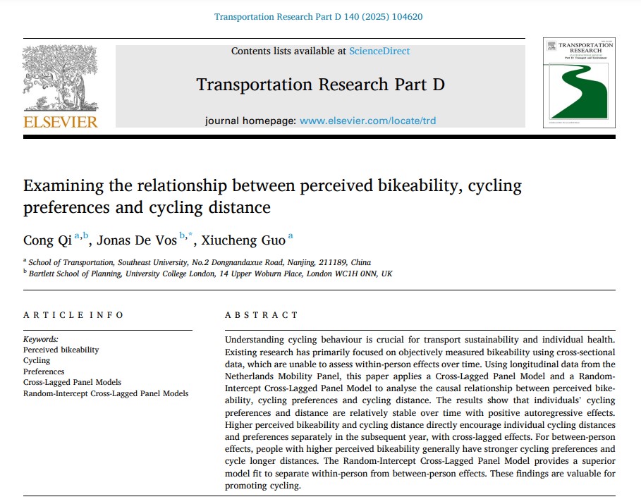 DV_Jonas's tweet image. In this paper, visiting PhD student Cong Qi found that - based on longitudinal data - perceived bikeability positively impacts cycling distances and cycling preferences in the subsequent year.
The OA paper can be accessed here: doi.org/10.1016/j.trd.…
