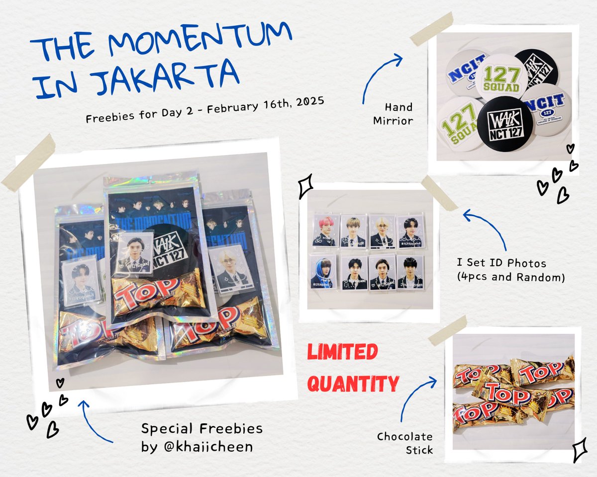 NCT127 - THE MOMENTUM IN JAKARTA
Special Freebies by <a href="/khaiicheen/">🐯🐔🐰</a> 🫶🏻

When? 
Day 1 and Day 2
📍will be announced

How to get?
• follow me and let's be moots 😊
• say Hi and i'll give the freebies for you
• trade? Boleh, dm aja ya!

*All day LIMITED QUANTITY