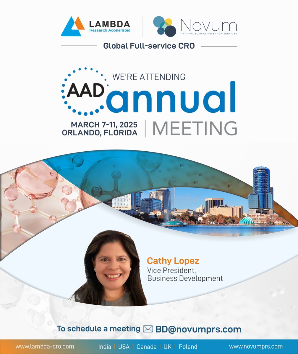 LambdaCRO's tweet image. Join us at the 2025 AAD Annual Meeting from March 7-11 in Orlando, Florida, and explore how Lambda &amp;amp; Novum's full-service CRO capabilities can support your dermatology clinical development at every stage. To Schedule a meeting📧BD@novumprs.com 
#LambdaTherapeuticResearch #AAD2024