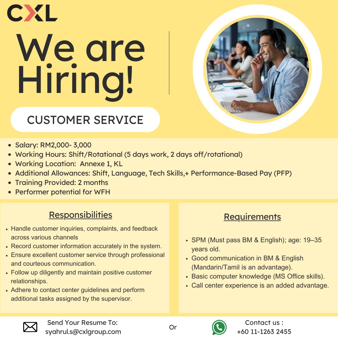 OFFICIALFAKAR_'s tweet photo. URGENT HIRING
CUSTOMER SERVICE HELPDESK
BENEFIT
HIGH SALARY WITH GOOD BENEFIT
CAN EARN UP TO RM3000 PER MONTH
TRAINING PROVIDED FOR 2 MONTH
HYBRID WORKING ENVIRONMENT APPLICABLE

To apply please email your resume to:
syahrul.s@cxlgroup.com or contact 011-12632455 ( Mr Syahrul https://t.co/RxtwQaPZav