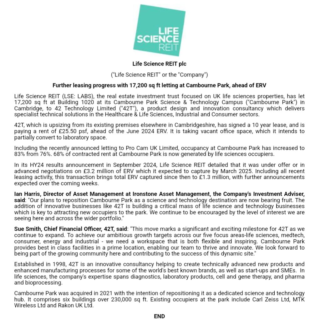 #LABS Life Science REIT announce their second new let in two weeks

They're fairly small compared to other REITs, so this has the potential to make a big impact on their occupancy rate. 10 year lease provides good forward visibility of income

[I hold]