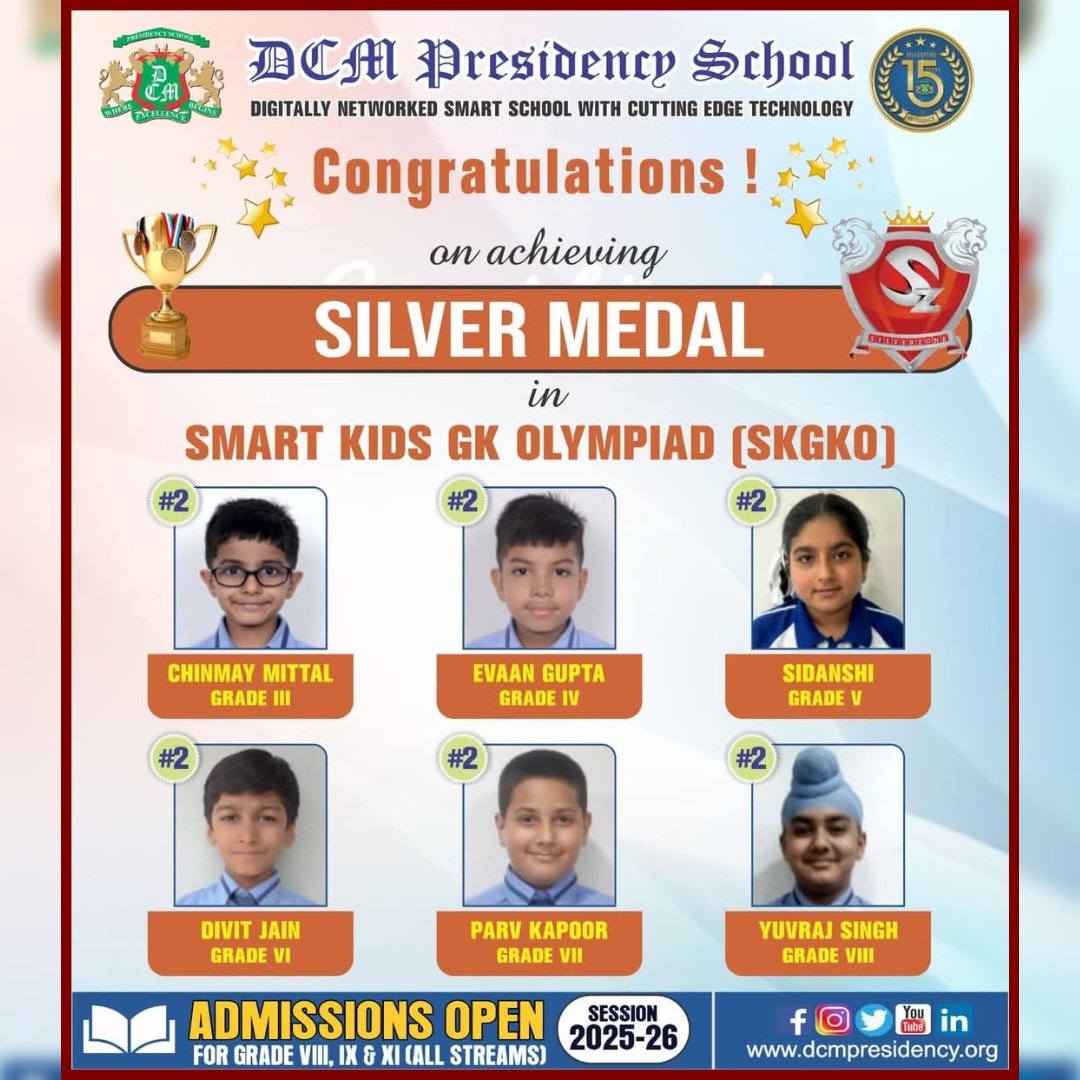 DCMPresidency's tweet image. Congratulations to the Gold,Silver and Bronze medal winners of Silverzone Smart Kids GK Olympiad
Well done students !!
#bestschoolinludhiana #DCMP #olympiadchallenge
#matholympiad