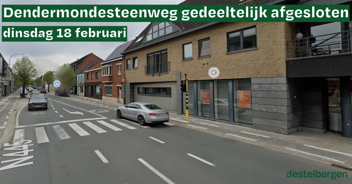 ⚠️ Dendermondesteenweg gedeeltelijk afgesloten op dinsdag 18 februari voor het weghalen van een kraan.

🚧 De straat wordt afgesloten van 6 tot 20 uur voor gemotoriseerd verkeer tussen het kruispunt met de Koedreef en het kruispunt met de Kerkham.

ℹ️ destelbergen.be/werken