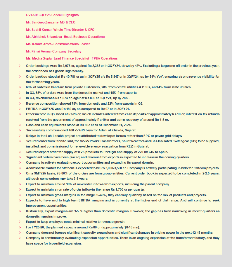 analystmohalla's tweet image. #GVT&amp;amp;D: 3QFY25 Concall Highlights
Mr. Sandeep Zanzaria- MD &amp;amp; CEO
Mr. Sushil Kumar- Whole-Time Director &amp;amp; CFO
Mr. Abhishek Srivastava- Head, Business Operations
Ms. Kanika Arora- Communications Leader
Mr. Nimai Verma- Company Secretary