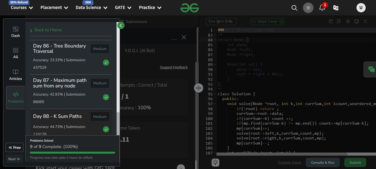 UdayIge's tweet image. #GfG160: 160 days of problem-solving! 🚀

✅ Day 88: K Sum Paths done.

#geekstreakchallenge
#geekstreak2024 #gfg160

@geeksforgeeks
