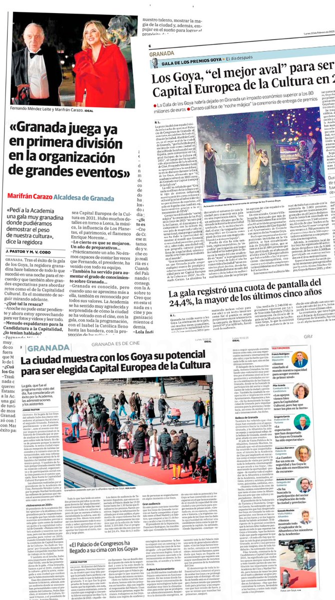 ✅La celebración de la gala de los <a href="/PremiosGoya/">Premios Goya</a> <a href="/Academiadecine/">Academia de Cine</a> en #Granada han sido todo un éxito, tal y como recoge la prensa

🗝️Los Goya se han convertido en el mejor aval para ser Capital Europea de la Cultura 2031 #CEC2031

#GranadaEsCultura
#GranadaEscenarioDeCine🎬