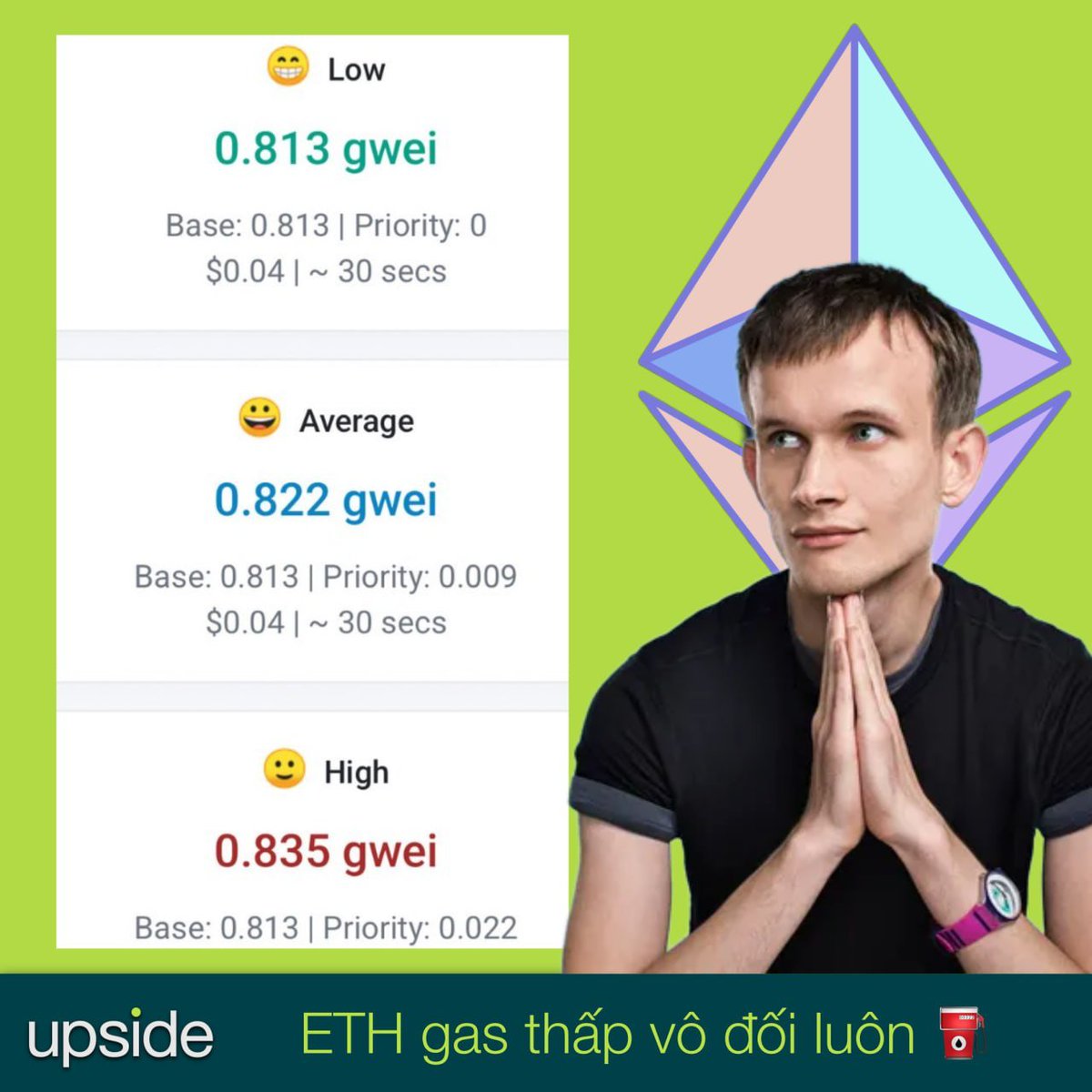 gm_upside's tweet photo. #Ethereum #Gas đang thấp vô đối ⛽️

Các bạn sẽ làm gì để tận dụng gas thấp như bây giờ? 😎
- Cày airdrop bên Ethereum?
- Tranh thủ bridge sang các layer 2 săn kèo?
- Bán con #NFT nào bên Ethereum mà chờ quài không tăng 😁
- Hay...👇👇