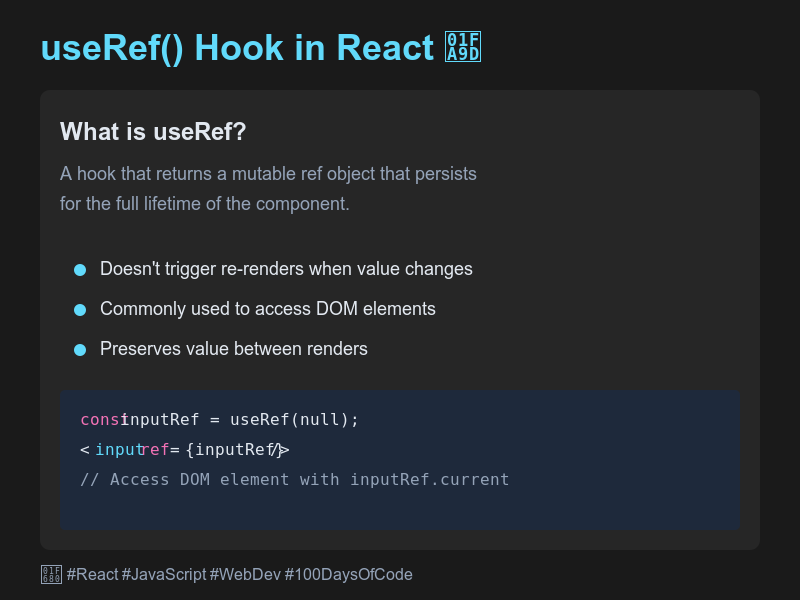 frontenddevsite's tweet image. React Hook of the Day: useRef()
#javscript #reactjs #FrontEnd