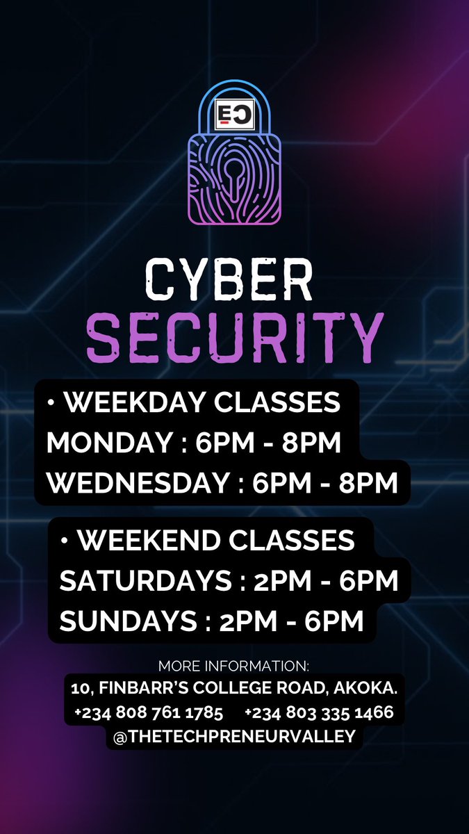 techpreneurng's tweet image. CyberSecurity
• Weekdays
Monday and Wednesday
6 - 8pm
• Weekends
Saturdays 2pm - 6pm
Sundays 2pm - 6pm
#physicalclasses #europe #europeintech #asia #asiaintech #america #americaintech #africa #africaintech #unilag #akoka #yabatech #lagosbusiness #ict #icttraining