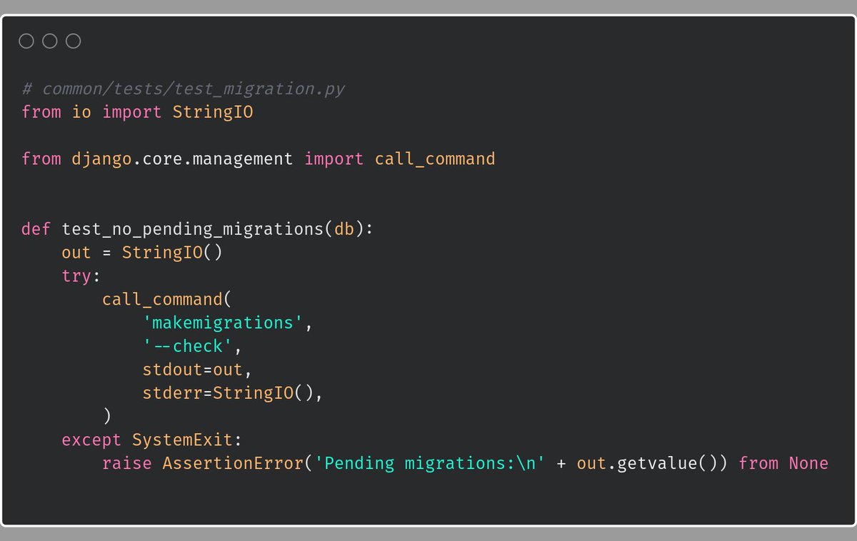 Cool idea by one of my teammates - add a test to check that there are no pending migrations 👌👌👌 

If there are pending migrations we forgot to generate, it fails with the output of `manage.py makemigrations --check`.