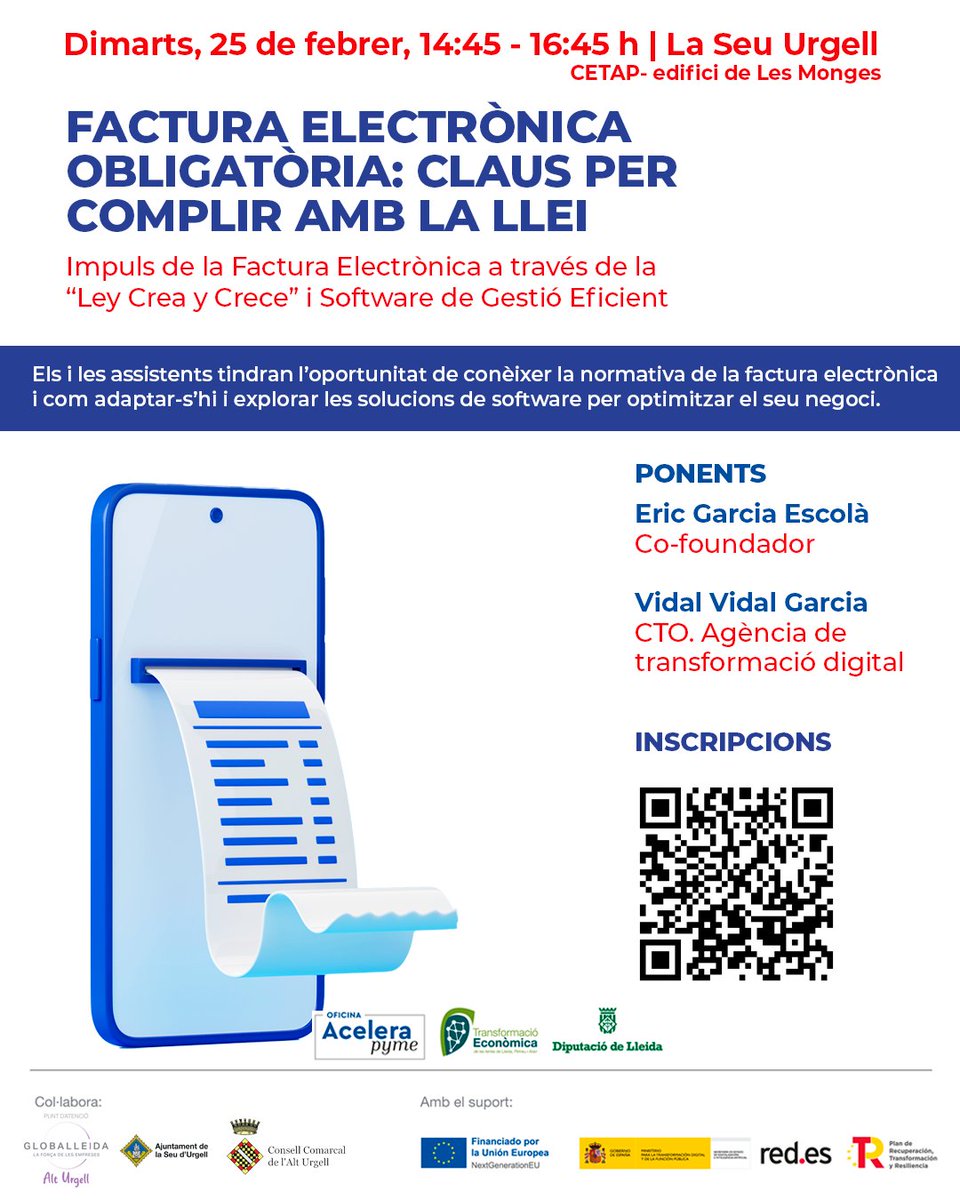 Promo_Economica's tweet image. 📣La Seu d’Urgell acollirà una nova sessió formativa sobre la Ley Crea y Crece i el software de gestió eficient, pel pròxim 25 de febrer

➡️La sessió està organitzada per l&apos;Oficina Acelera Pyme Rural de la demarcació de Lleida

🔗Llegeix la notícia: promocioeconomica.cat/la-seu-durgell…