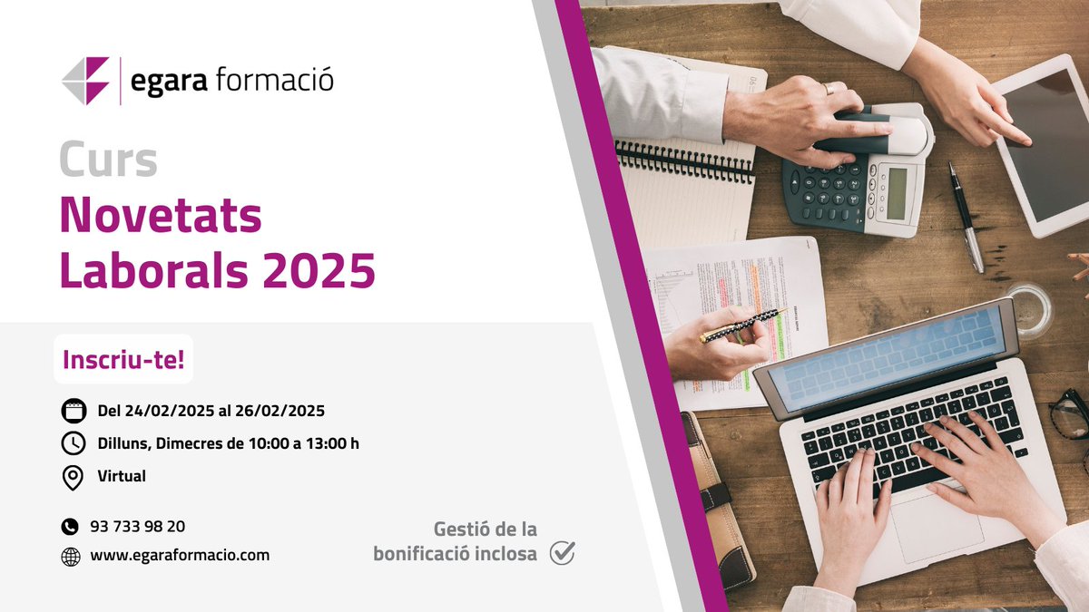 📢 Curs de Novetats Laborals 2025  
📅 24-26 febrer 2025  
🕙 Dilluns i Dimecres, 10:00-13:00  

Descobreix les novetats en cotització, jubilació i bonificacions del 2025 amb un curs pràctic i exemples reals. 💼 Inscripcions obertes!  #NovetatsLaborals #Formació