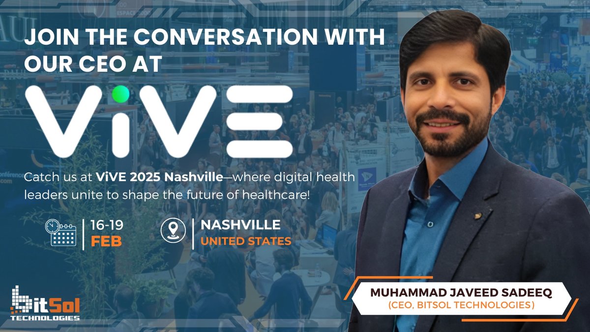 bitsoltech's tweet image. Our CEO, Javeed Muhammad will be attending ViVE 2025 in Nashville!

Looking forward to insightful discussions, new connections, &amp;amp; exploring the future of healthcare technology.

#VIVE2024 #HealthTech #Nashville #BitsolTechnologies