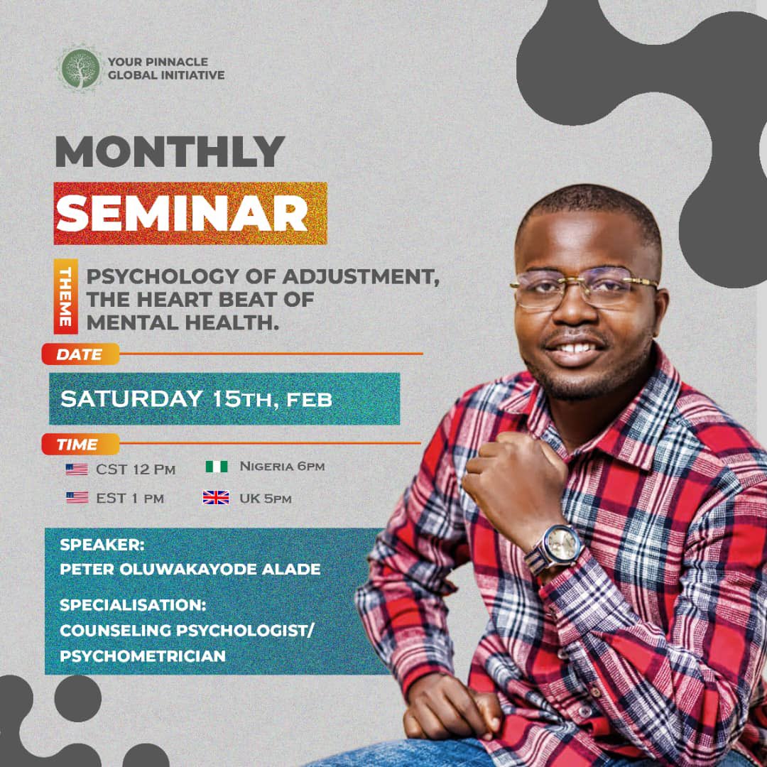 Join us on our monthly seminar to learn more on mental health. 

Meeting ID: 2535336950
Passcode: Z0URAs
#Monthly #Seminar #Counselling #Psychometrician #Psychology #Mentalhealthsupport #Mentalheathmatters #Supportingyourmentalhealth #Supportingyourwellbring #YPGInitiative