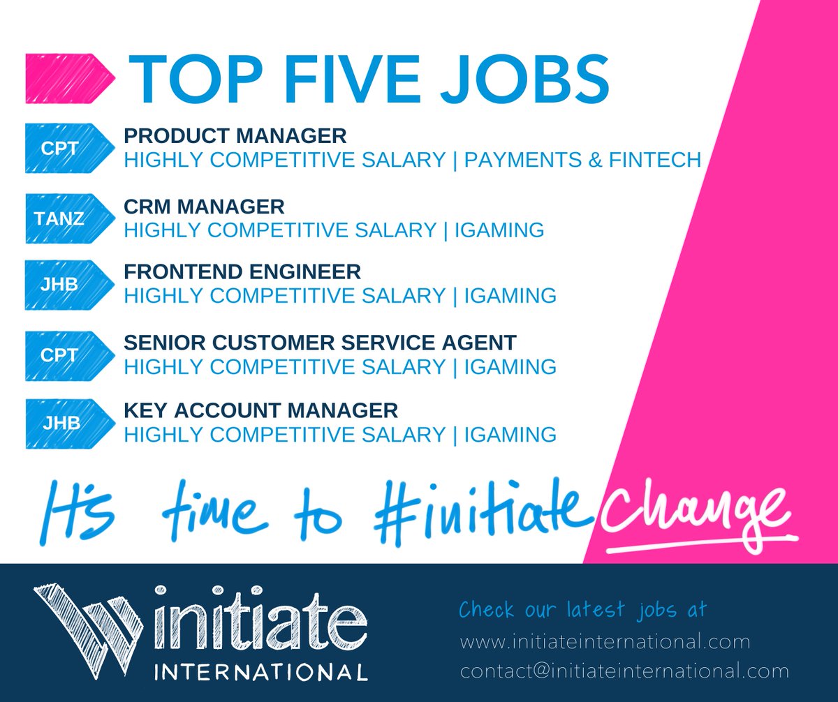Happy Monday, everyone! 🙌

Kicking off the week with our Top 5 Jobs in the iGaming &amp; Sportsbook, and Payments &amp; Fintech industries 🌟

Sound like you? Find out more: initiateinternational.com/jobs/ 🔗

#InitiateChange #Top5Jobs #iGamingCareers #PaymentsandFintechCareers