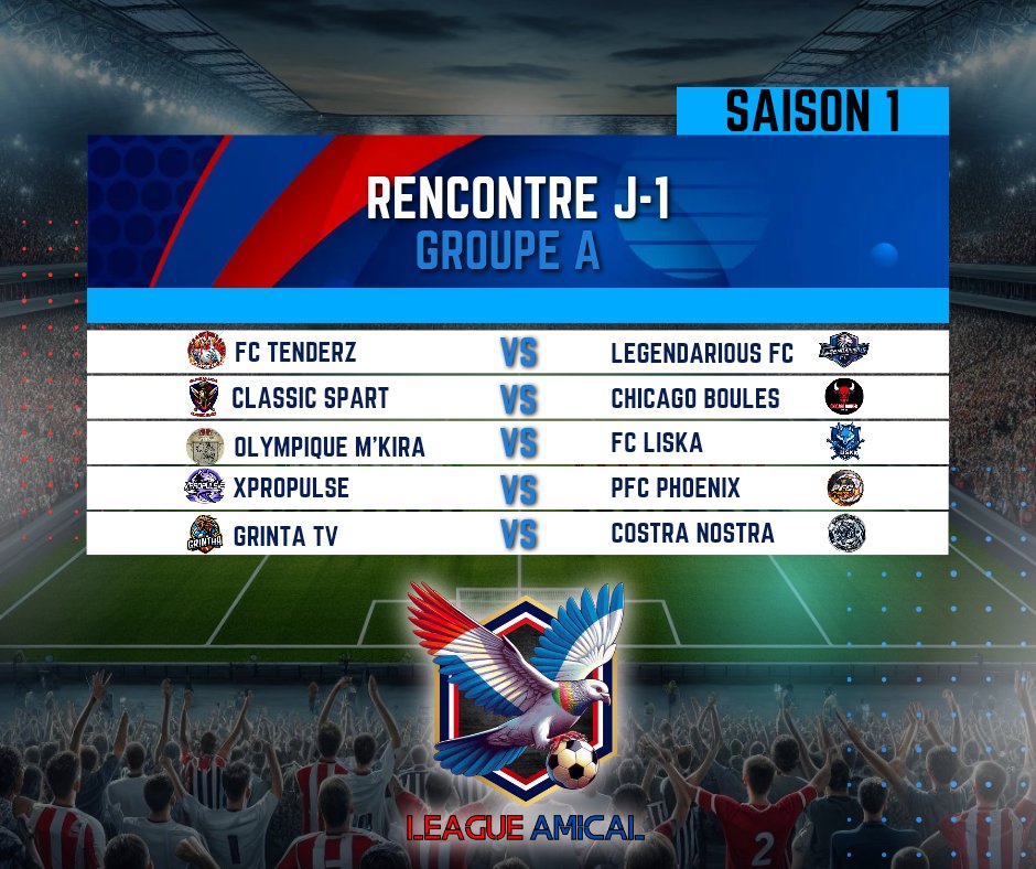 Voici les matchs de la J1 qui débuteront se soir bonne chance a tous 
<a href="/ClassicSpartOf/">LF Torres</a> <a href="/PFClubpro/">PFC Teams E-Sport</a> @xPropulse <a href="/Ben936001/">Ben93600</a>