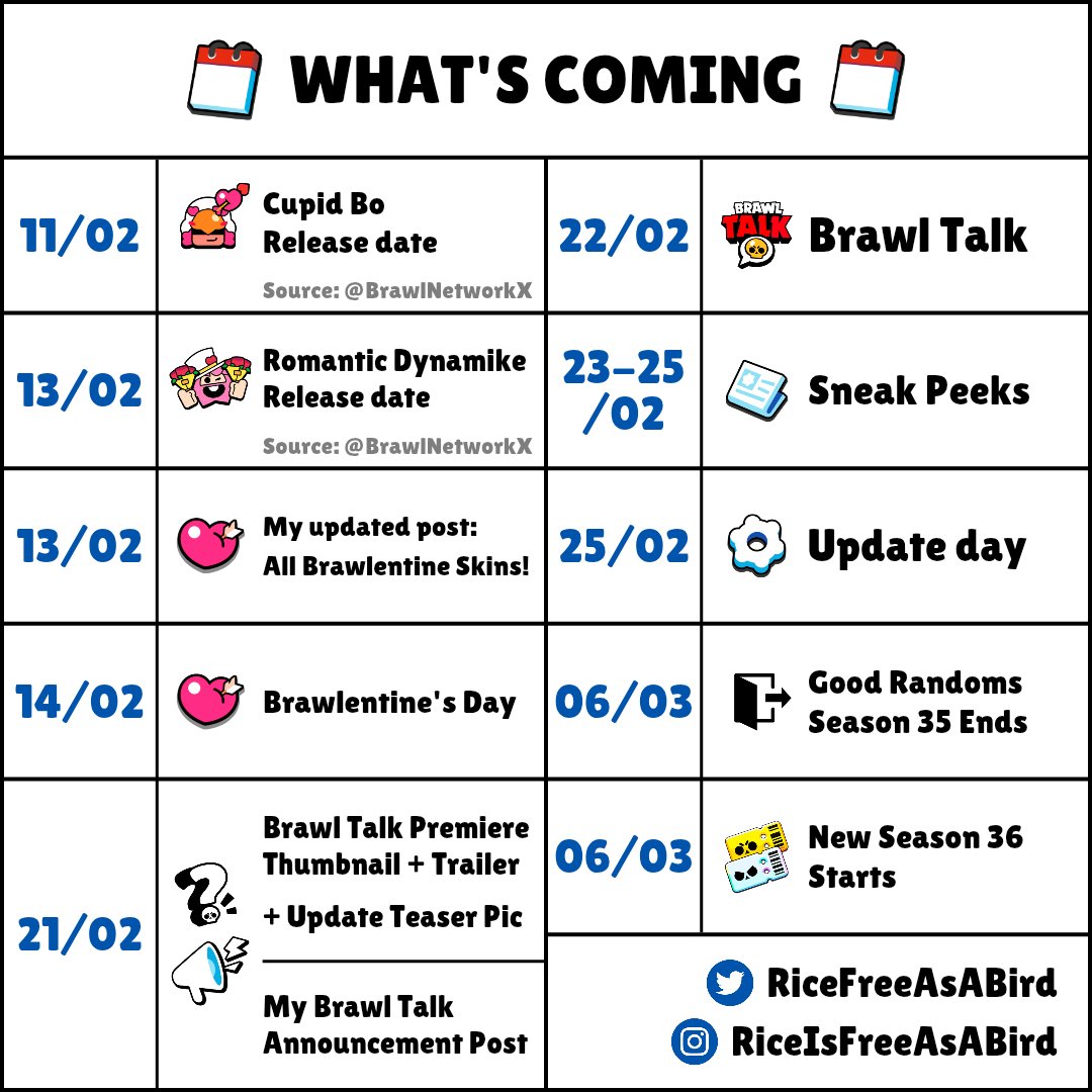 Calendar for the upcoming days! 🗓️
#BrawlStars #News #Update #BrawlTalk #Brawlentines #Ranked #Hypercharge