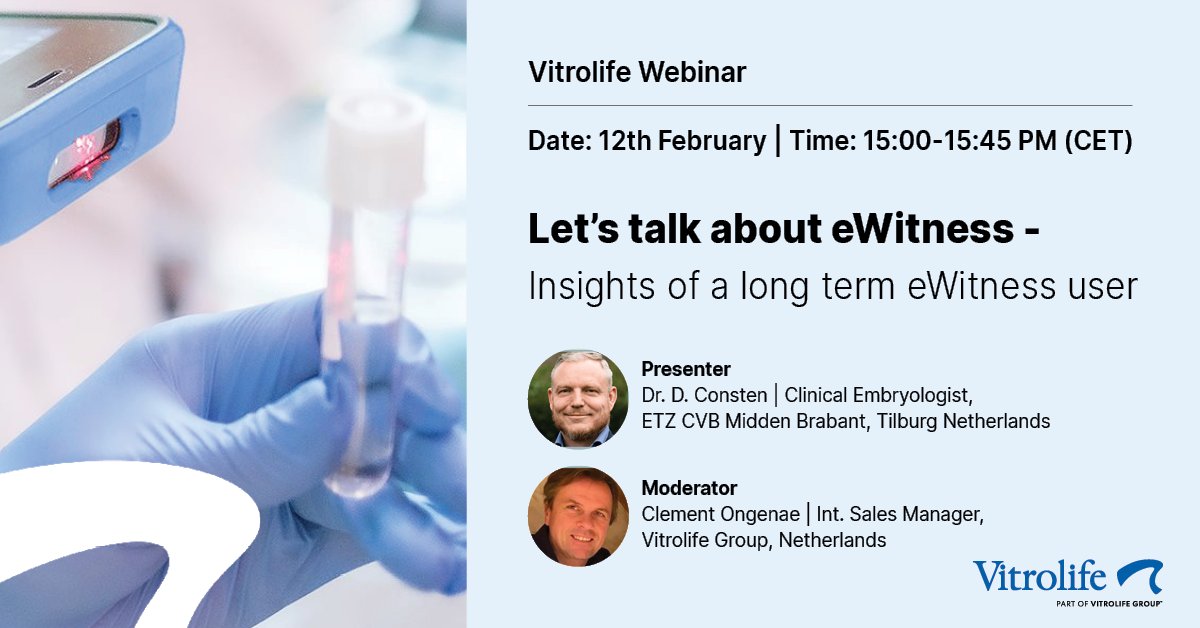 📢 Don't forget to register for our webinar this Wednesday – Let's talk about eWitness!

Discover how an eWitness system can enhance safety, efficiency, and confidence in your clinic. 

👉 Register here: ow.ly/A0tO50UTVhc

#Vitrolife #Igenomix #IVF #eWitness