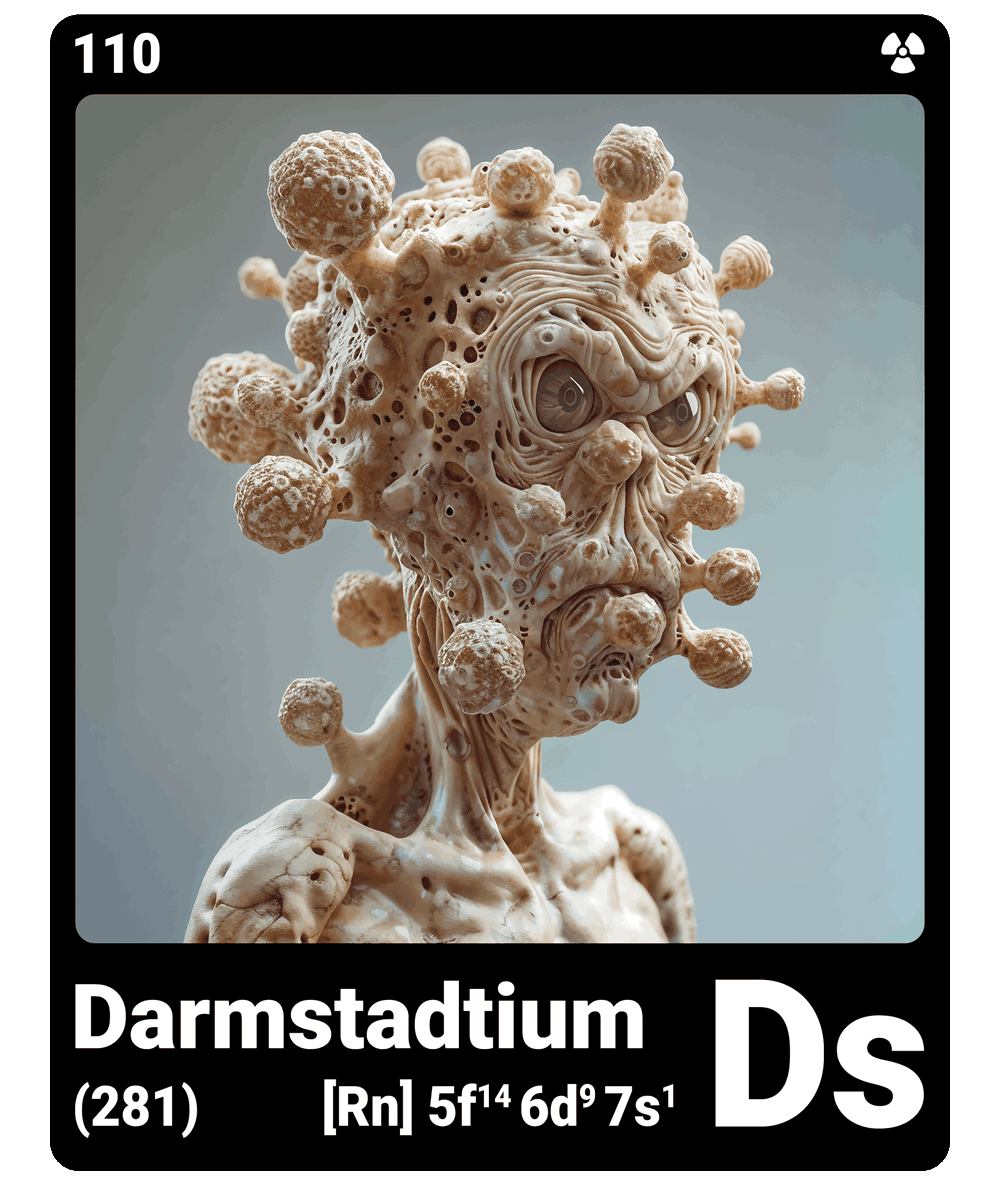 br_AI_king's tweet photo. brAIking This is what it looks like when AI gives the chemical element darmstadtium a face - find all ChemicalElements in the bio ScienceArt https://t.co/gTshFm3AaF