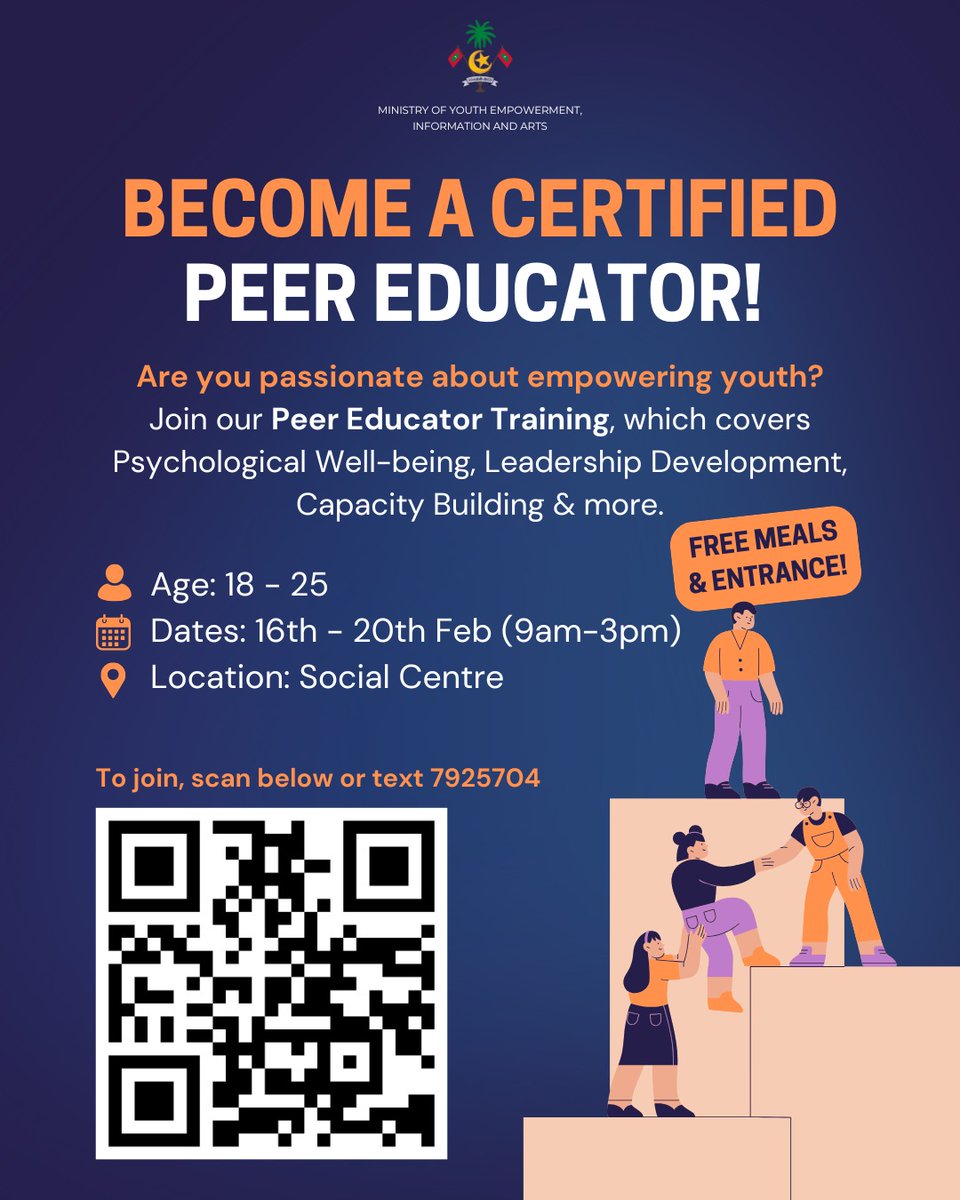 YouthGovMv's tweet photo. Join our free Peer Educator Training program and become a certified Peer Educator! 

To participate: https://t.co/aKrfVs4aRy https://t.co/D5R4lHO977