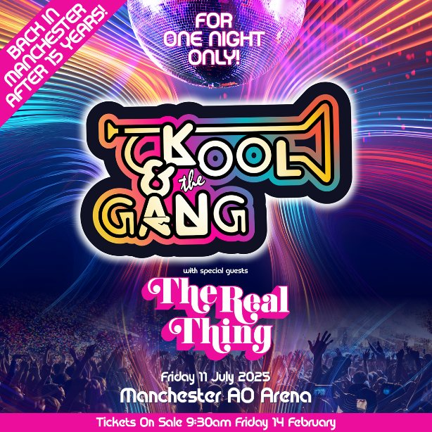gigsandtours (@gigsandtours) on Twitter photo 🌟 KOOL & THE GANG 🌟
Funk and soul legends <a href="/KoolntheGngLIVE/">Kool & the Gang</a> have announced a huge headline show at @aoarena on Friday 11th July! With special guests <a href="/realthinguk/">The Real Thing</a>
Tickets go on general sale this Friday at 9:30am. Sign up for presale access at gigst.rs/KOOLMANSU 🌟 KOOL & THE GANG 🌟
Funk and soul legends <a href="/KoolntheGngLIVE/">Kool & the Gang</a> have announced a huge headline show at @aoarena on Friday 11th July! With special guests <a href="/realthinguk/">The Real Thing</a>
Tickets go on general sale this Friday at 9:30am. Sign up for presale access at gigst.rs/KOOLMANSU