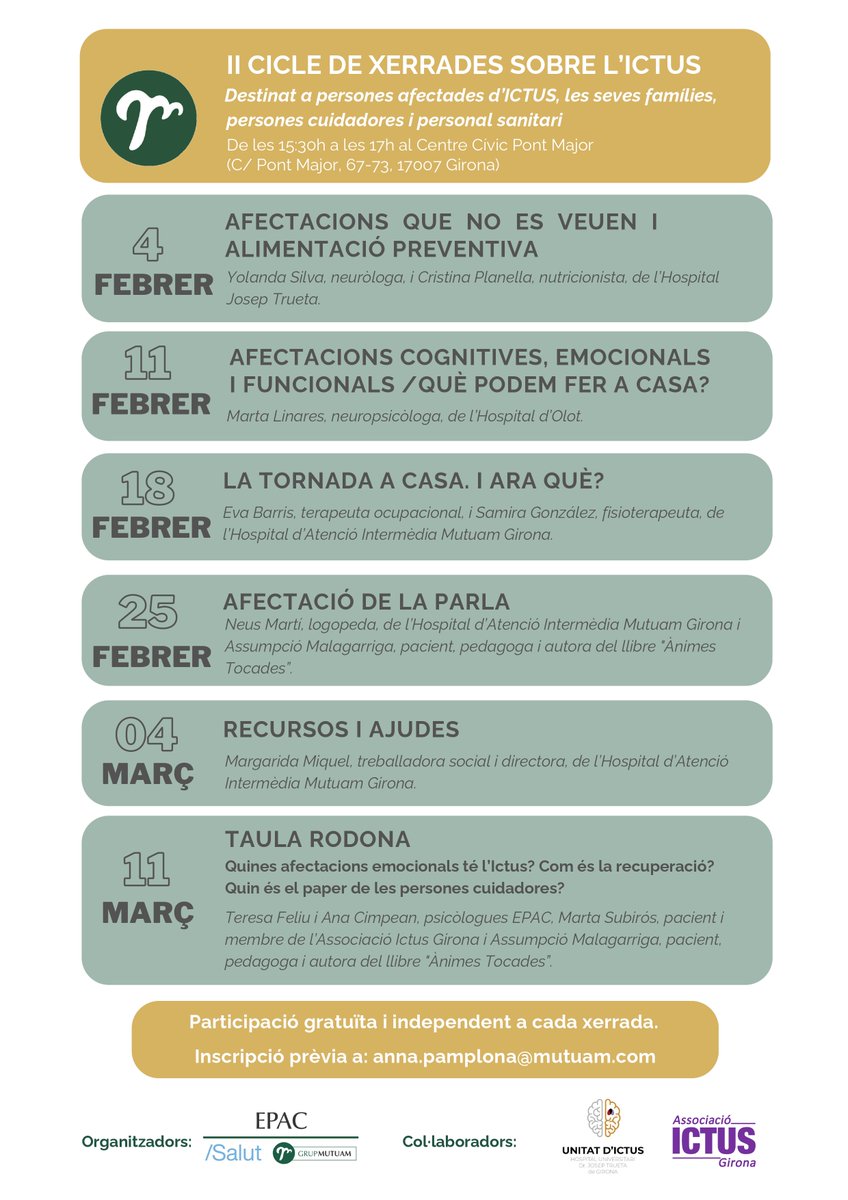 Anna Pamplona Bruset (@apamplonapsic) on Twitter photo Demà la Marta Linares, neuropsicòloga de l'<a href="/hospiolot/">F. Hospital d'Olot</a>, ens parlarà de les afectacions cognitives, emocionals i funcionals després de l'ictus. De 15.30h a 17h al #CCPontMajor de Girona. Organitza: #EPAC de <a href="/grupmutuam/">GrupMutuam</a> Col·labora: <a href="/Ictus_Girona/">Unitat d'Ictus Girona</a> <a href="/ICTUSGIRONA/">Ictus Girona</a> <a href="/Girona_Cat/">Ajuntament de Girona</a> Demà la Marta Linares, neuropsicòloga de l'<a href="/hospiolot/">F. Hospital d'Olot</a>, ens parlarà de les afectacions cognitives, emocionals i funcionals després de l'ictus. De 15.30h a 17h al #CCPontMajor de Girona. Organitza: #EPAC de <a href="/grupmutuam/">GrupMutuam</a> Col·labora: <a href="/Ictus_Girona/">Unitat d'Ictus Girona</a> <a href="/ICTUSGIRONA/">Ictus Girona</a> <a href="/Girona_Cat/">Ajuntament de Girona</a>