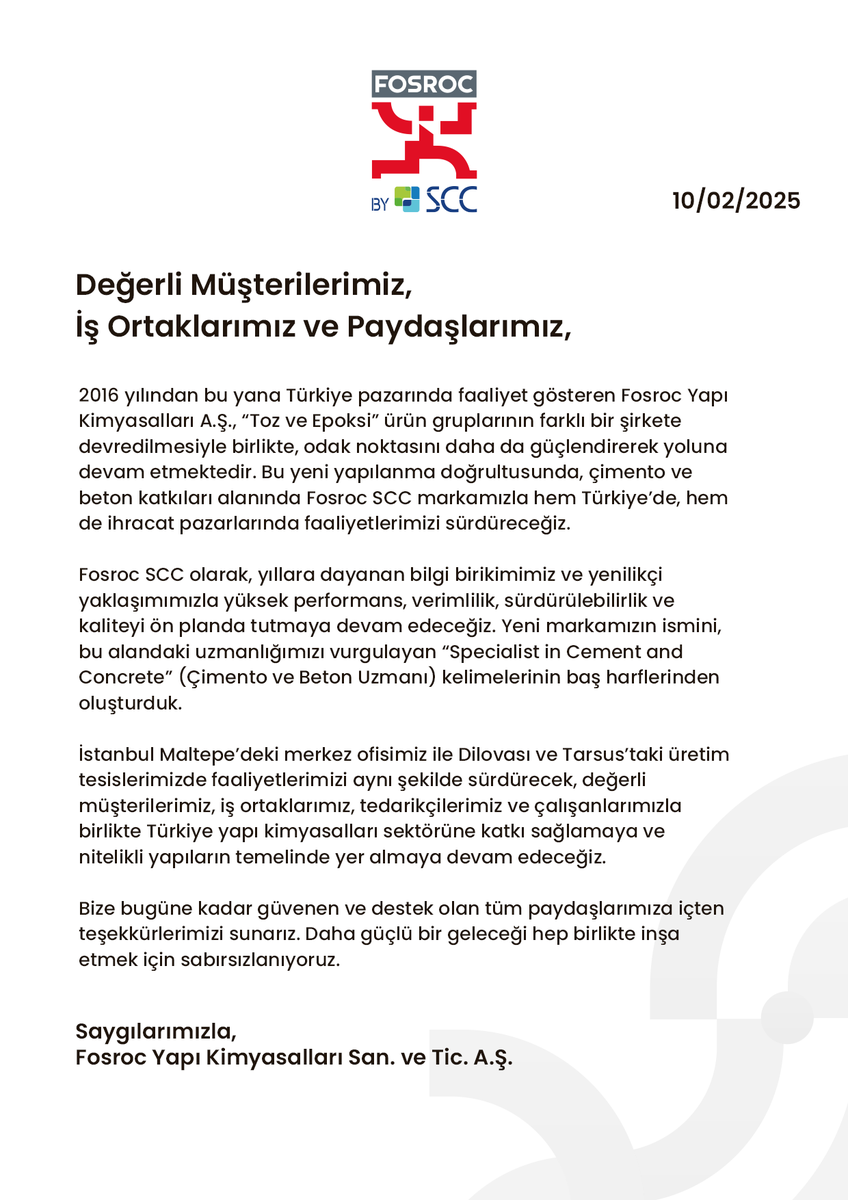 Fosroc_Scc's tweet photo. Değerli Müşterilerimiz, İş Ortaklarımız ve Paydaşlarımızın Dikkatine: https://t.co/v7L7YmNegA