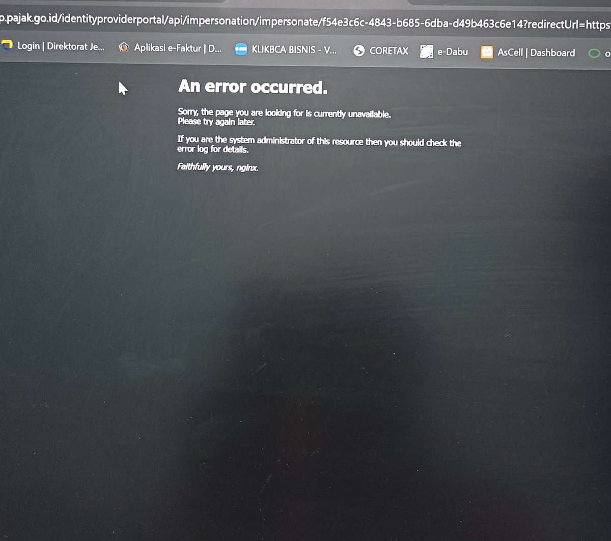 Qonijiwaa's tweet photo. @kring_pajak  Dari tadi siang mau login ke akun impersonate knpa gabisa min ? error mulu kaya gni, mau lapor sama setor pph21 ini, jaringan stabil udah clear chace and cookies, udah buka lewat dichrome sama firefox (private, incognito window)  msh gbisa juga. solusinya gmn min? https://t.co/jsPTNN2TxY