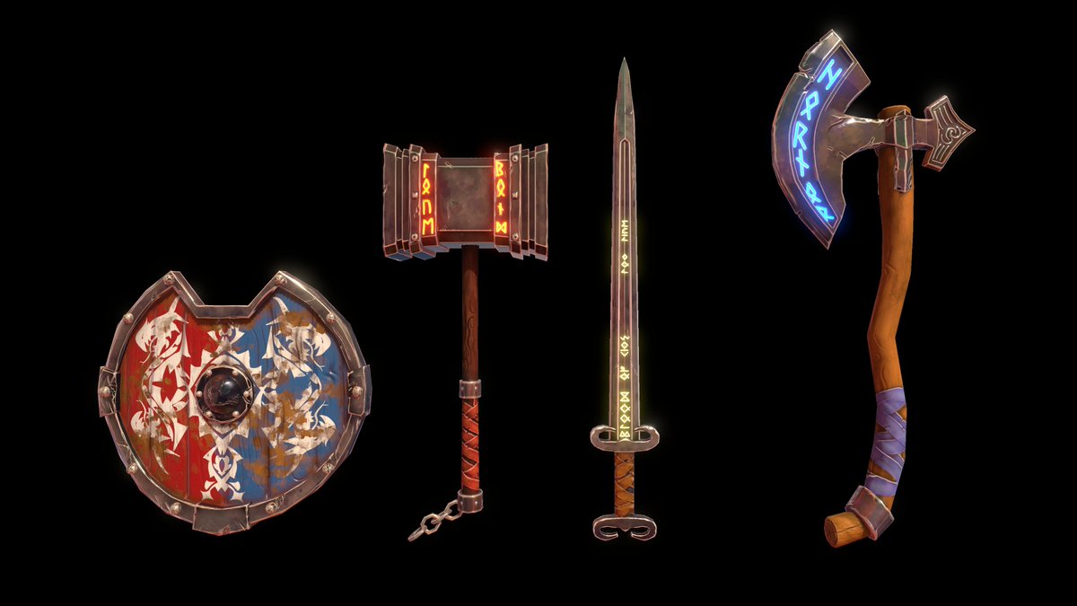 thirdeyegamesza's tweet photo. We just released an #assetpack that might just be what you were looking for! It's a weapon pack containing 4 different fantasy #medieval weapons - A Hammer, Sword, Axe, each with their own Germanic inscriptions, and a Shield with 5 material variations. Link in thread @itchio https://t.co/NKYXPZbz4T