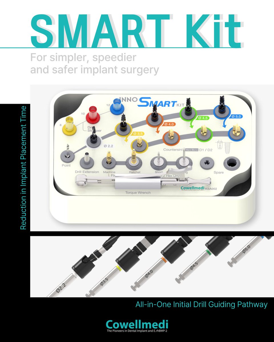 CowellmediInno's tweet photo. ✨ Revolutionize Your Implant Surgery with the INNO Smart Kit! ✨

💡 Key Features:
✅Shortened Implantation Time – Just 3 drillings to implant the fixture!
✅ All-in-One Initial Drill Guiding Pathway – Ensures precision and efficiency.

#Cowellmedi #SmartKit #DentalImplants https://t.co/uiOpLfUIJn