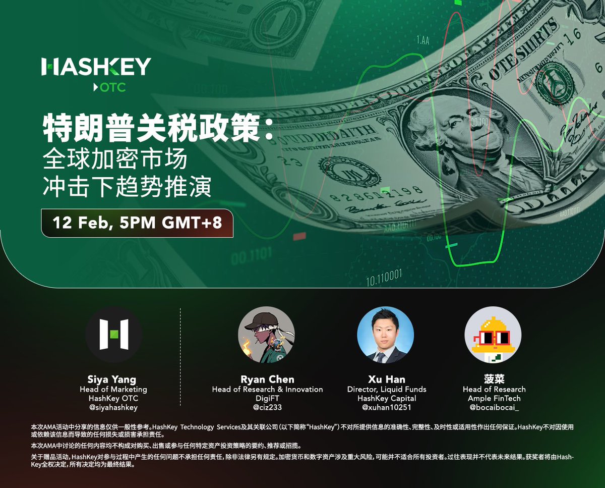 HashKeyOTC's tweet image. 🔥 2025年逆天开局！HashKey OTC的AMA来了，这次咱们聊聊#美元和关税那些事儿！🗣

🤔💭 特朗普最近关于关税的言论引起了加密和传统金融市场的双重震荡 🤯 别慌，带着你的疑问，听专家们一起深度剖析！🤝

‼️ 报名通道已开，立即报名！👉🏻 

🔵 @ciz233 来自 @DigiFTTech  
🔵…