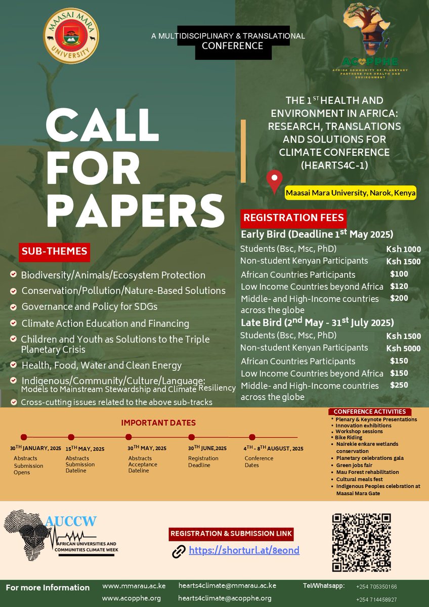 Call of Papers: The 1st Health &amp; Environment in Africa: Research, Translations and Solutions for Climate Conference

Registration and Submission link: shorturl.at/8eond