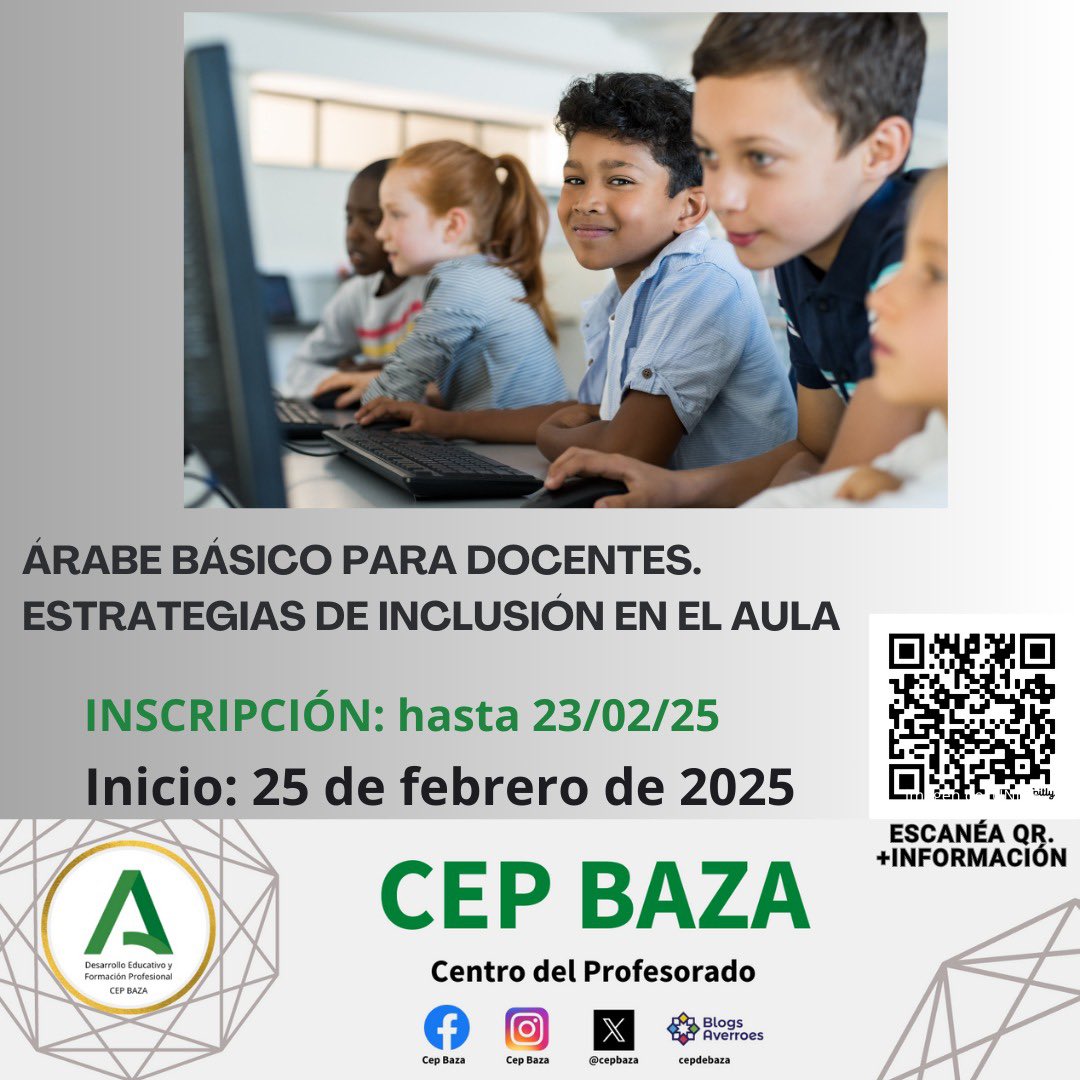 📢 CURSO CON SEGUIMIENTO: "ÁRABE BÁSICO PARA DOCENTES. ESTRATEGIAS DE INCLUSIÓN EN EL AULA" (20 Horas)

🗓️ Plazo inscripción: hasta el 23 de febrero de 2025

📅 Fecha de realización:  25/02/2025 AL 23/04/2025

🏛️ Lugar: CEP de Baza 

📝 INSCRIPCIONES: bit.ly/4jTCf9W