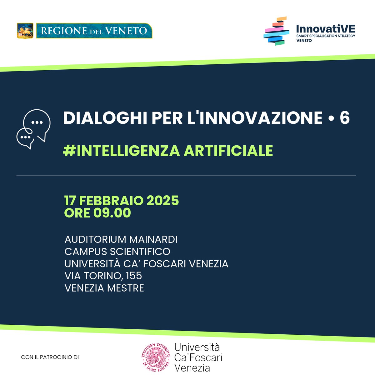 🗨️Dialoghi per l’innovazione: #IntelligenzaArtificiale

Il 17 febbraio la <a href="/RegioneVeneto/">Regione del Veneto</a> e #Cafoscari fanno il punto sugli effetti che l’utilizzo delle tecnologie basate sull’IA stanno generando sul sistema socioeconomico Veneto.

➡️unive.it/data/agenda/6/…