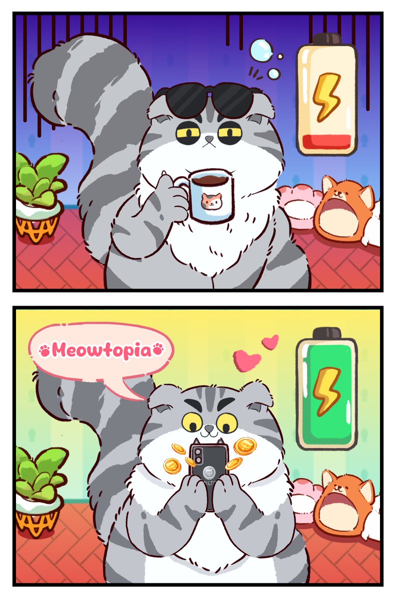 From drained to charged! 🔋☕️ Just a cup of coffee? Nope— #Meowtopia is the real energy boost! ⚡️ Time to play, earn, and power up! 😜 

Who plays Meowtopia every day? Raise your hands! 👋 - t.me/Meowtopia_Kaia…