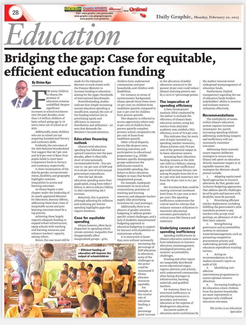DivineKpe's tweet photo. If you’ve access to today’s edition of the Daily Graphic, do get to page 28 for an abridged version of my Policy Brief; Bridging the Gap: The Case for Equitable and Efficient Education Funding.
Full brief is accessible via: https://t.co/s6oIWlMyg5 🙏 https://t.co/1tUWEfWYSL