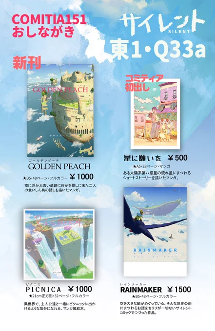 COMITIA1512月16日に東京ビッグサイトで開催されるCOMITIA151にサークル参加します!今回は新刊に描き下ろしのマンガ「GOLDEN PEACH」と初売りの「星に願いを」と既刊2種類を持っていきます!ぜひ遊びに来てください!サークル:サイレント スペース:東1・Q33a#コミティア151お品書き 